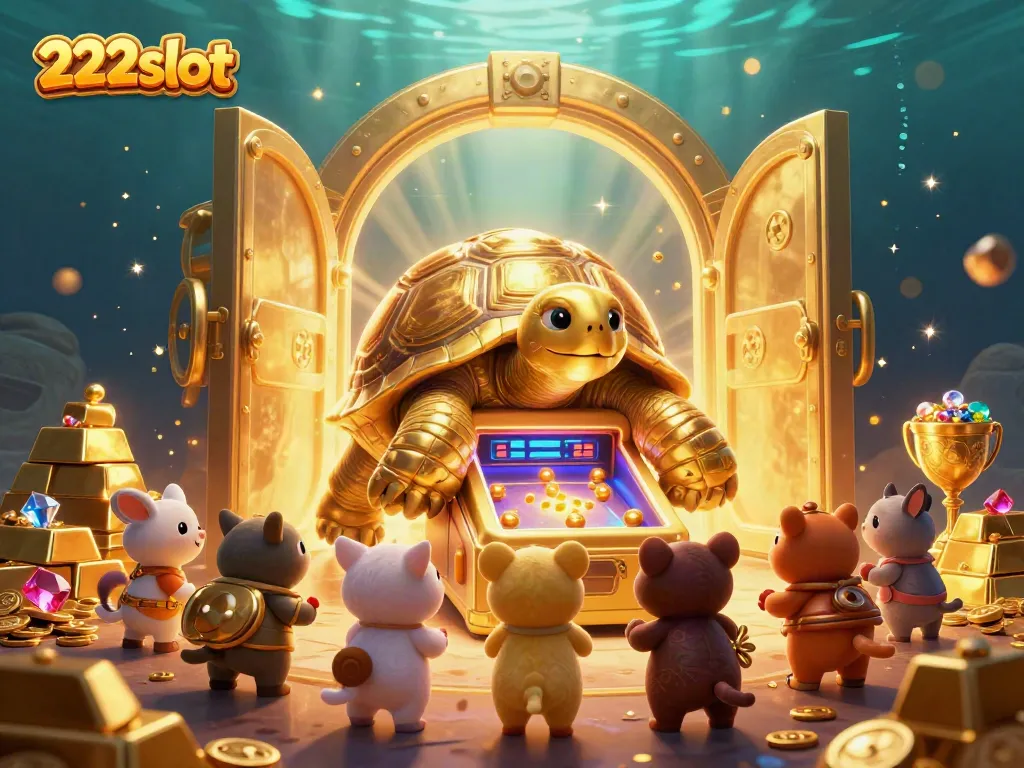 Permainan seru slot 222slot dengan karakter kura-kura emas dan perkalian harta karun yang memikat.