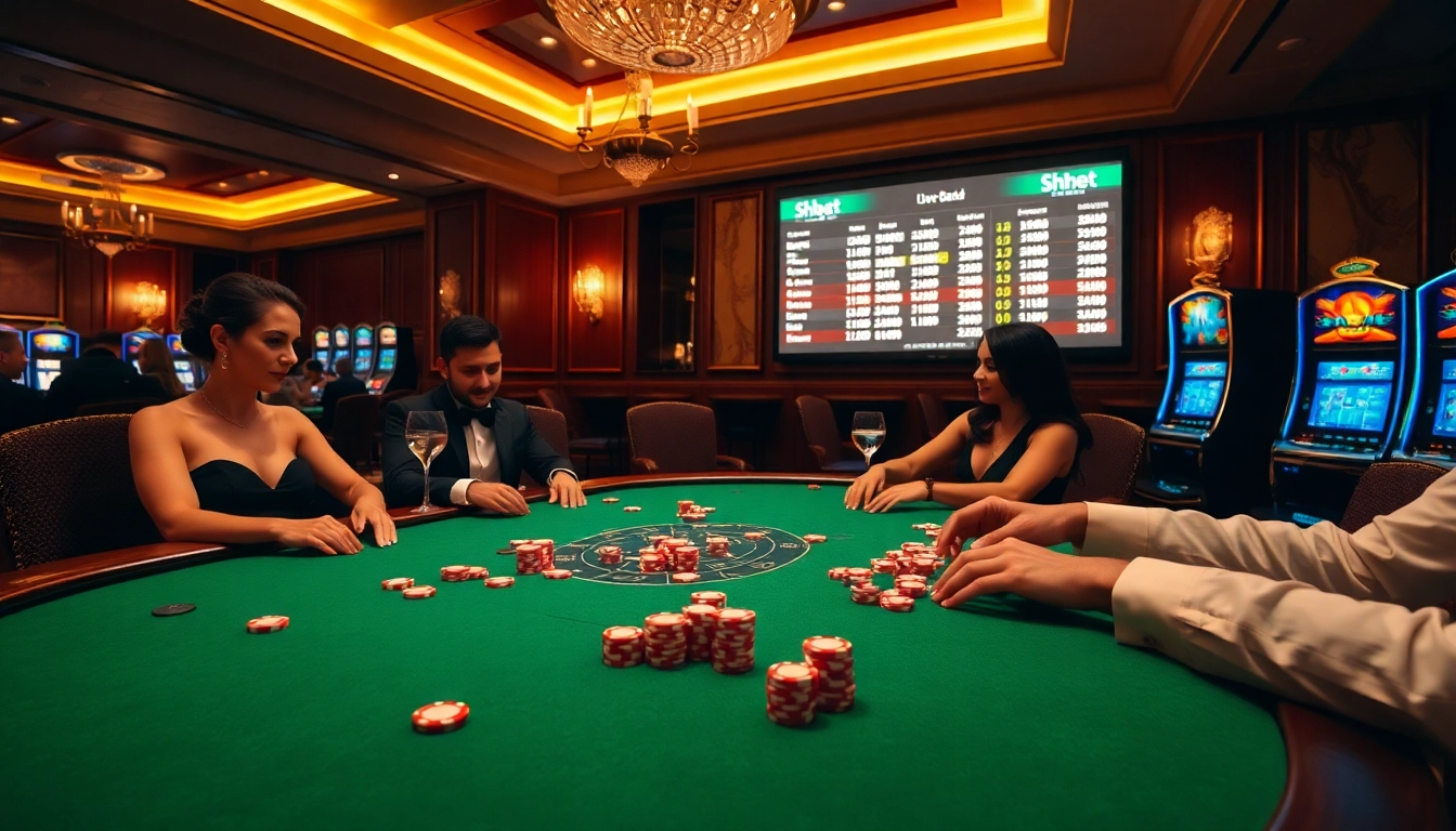 Players enjoying a high-stakes poker game at Shbet's luxurious casino.