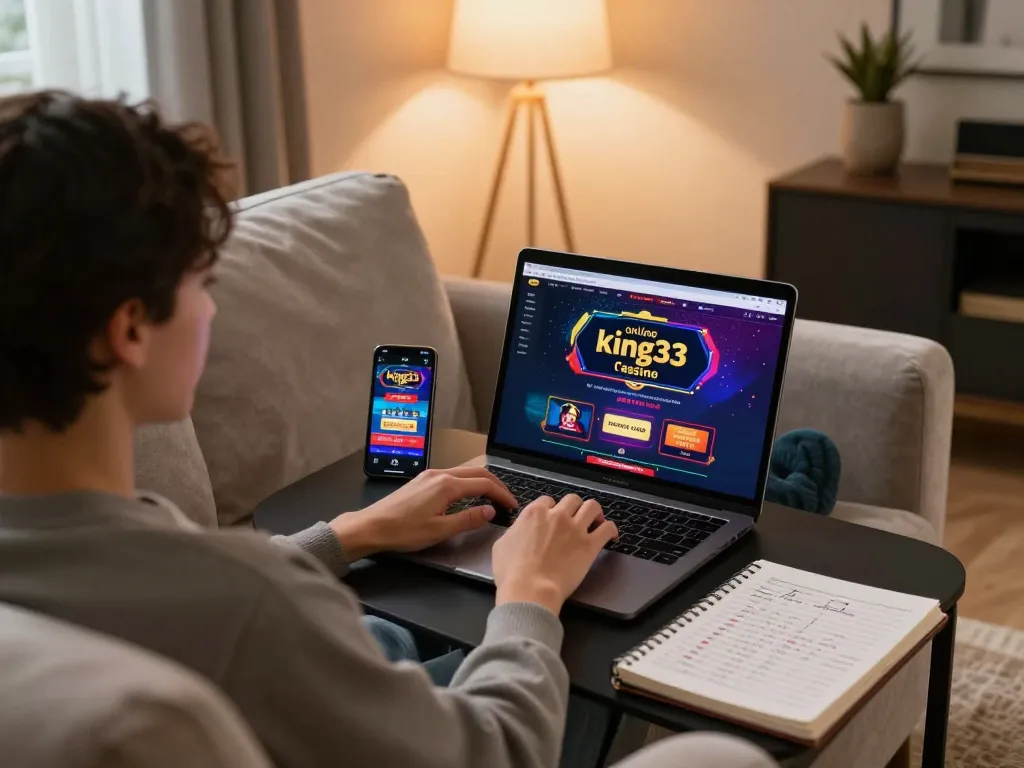Engaging gameplay with king33 online casino on a laptop, cozy home setting, strategic atmosphere.