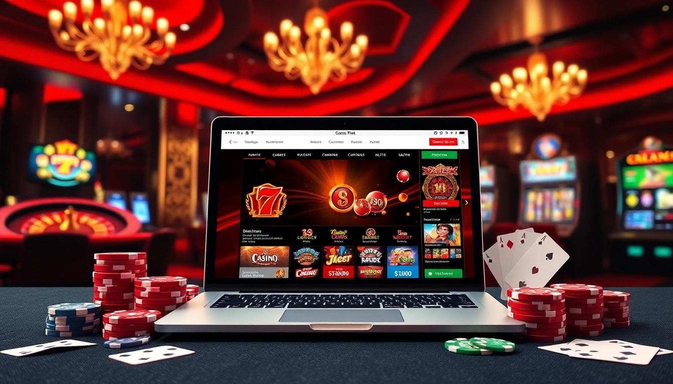 Scène captivante d'un casino en ligne avec des jetons de poker colorés, des cartes et une roue de roulette.