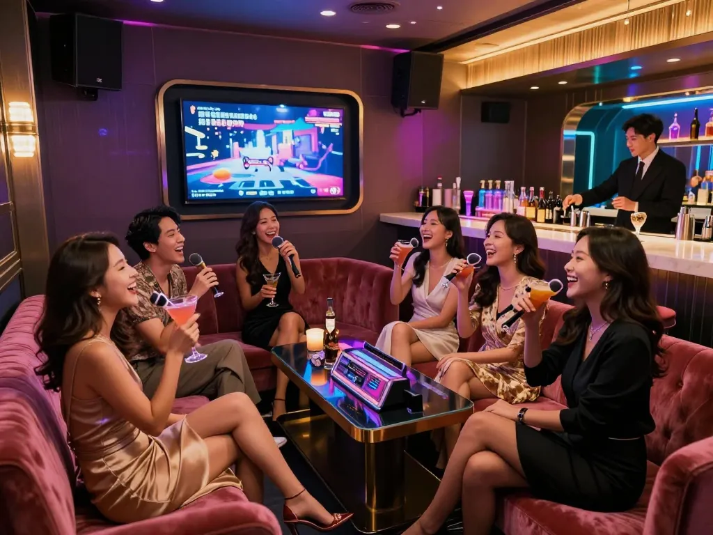 A lively Gangnam karaoke scene from www.gangnamtune.com, featuring friends enjoying private rooms with cocktails and vibrant lights.