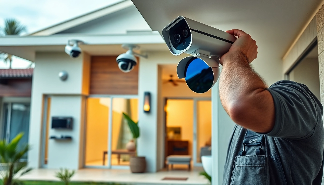 Instalación de cámaras de seguridad por un técnico en una casa moderna en Guanacaste, Costa Rica