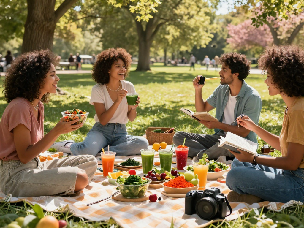Vegan astaxanthin-packed picnic scene with fresh food in a sunny park