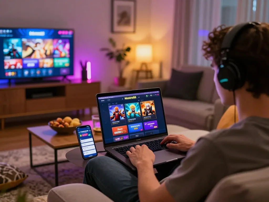 Engaged user accessing mantra88 login on laptop in stylish living room.