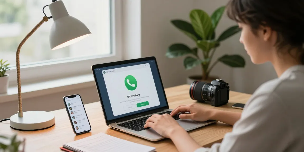 WhatsApp下載 in a modern workspace, professional downloading app on laptop with smartphone notifications.