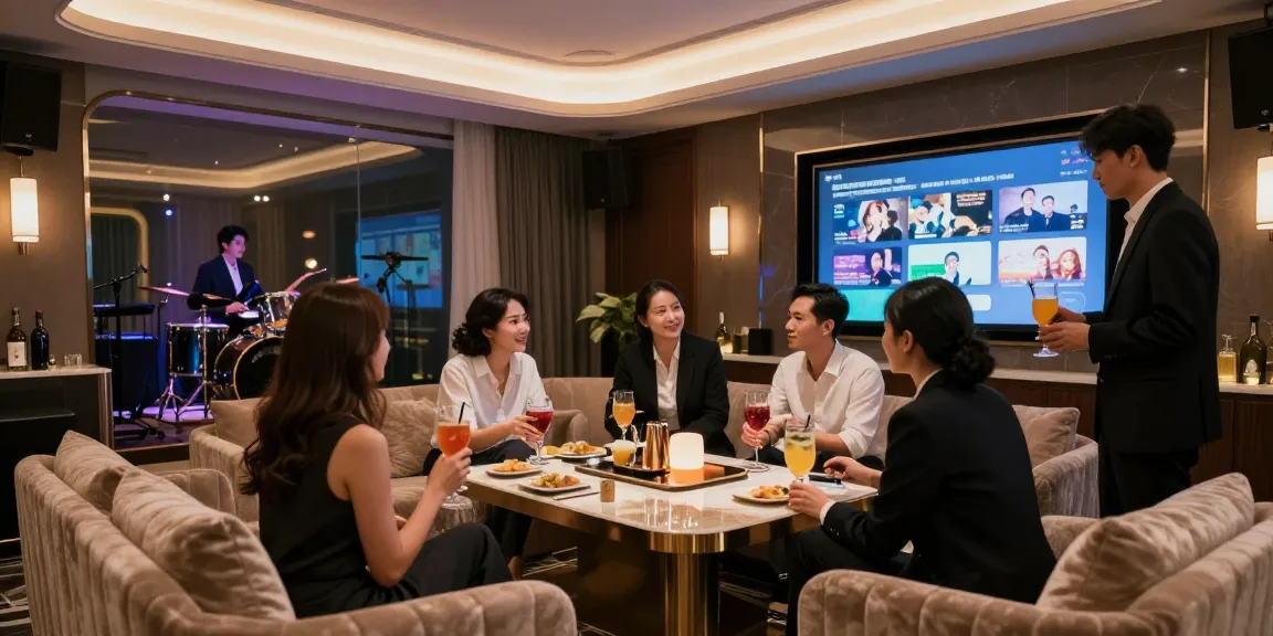 강남쩜오의 프리미엄 가라오케 공간에서 즐거운 대화와 고급 음료를 즐기는 고객들 모습