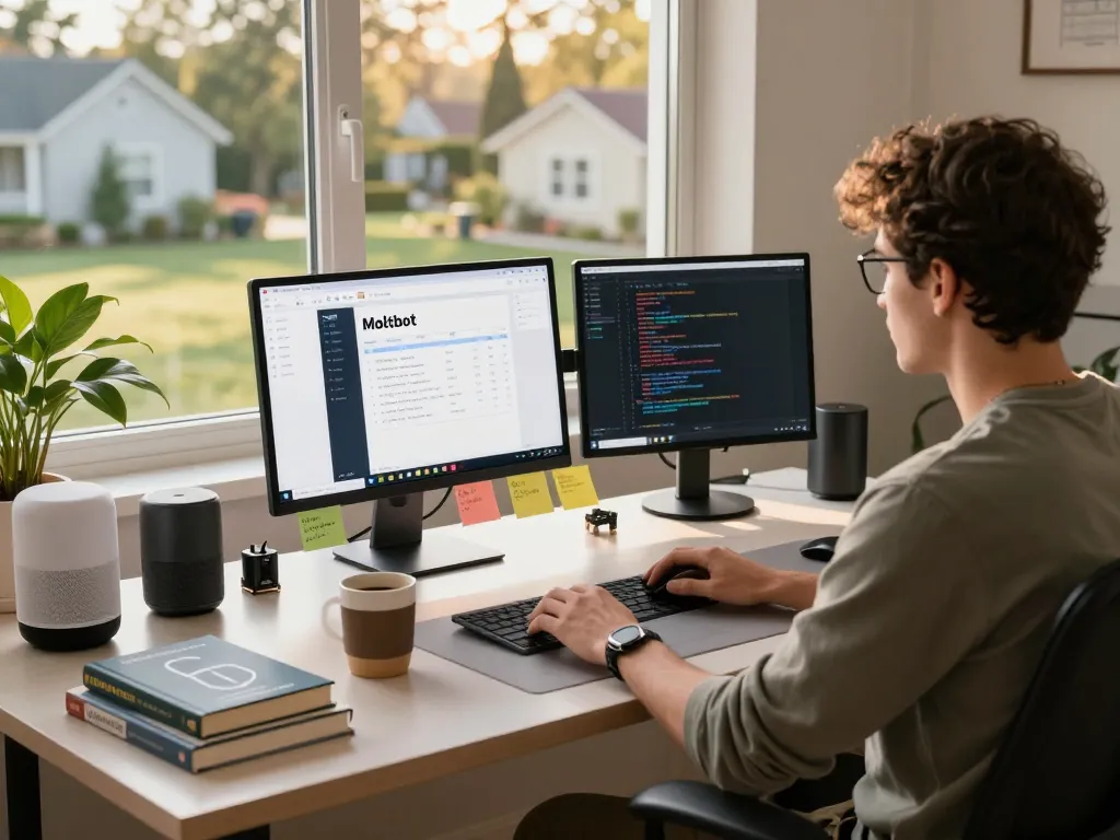 Moltbot Mac user in a modern home office, showcasing advanced AI development tools and cozy workspace.