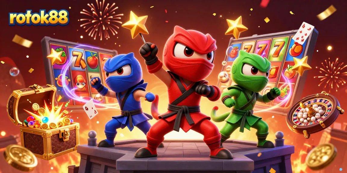 Experience thrilling slot action with rokok88 as ninja chameleons spin colorful reels and coins