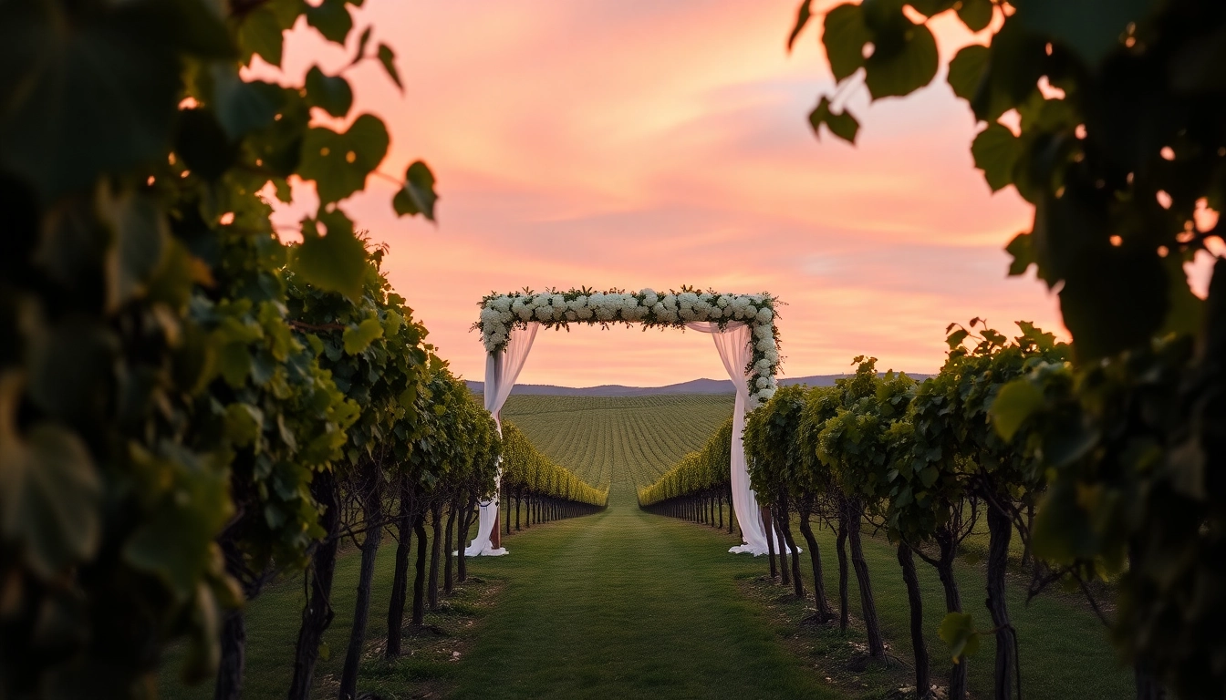 Captivating Clarksburg wedding venues showcasing a romantic vineyard with an elegant wedding arch.