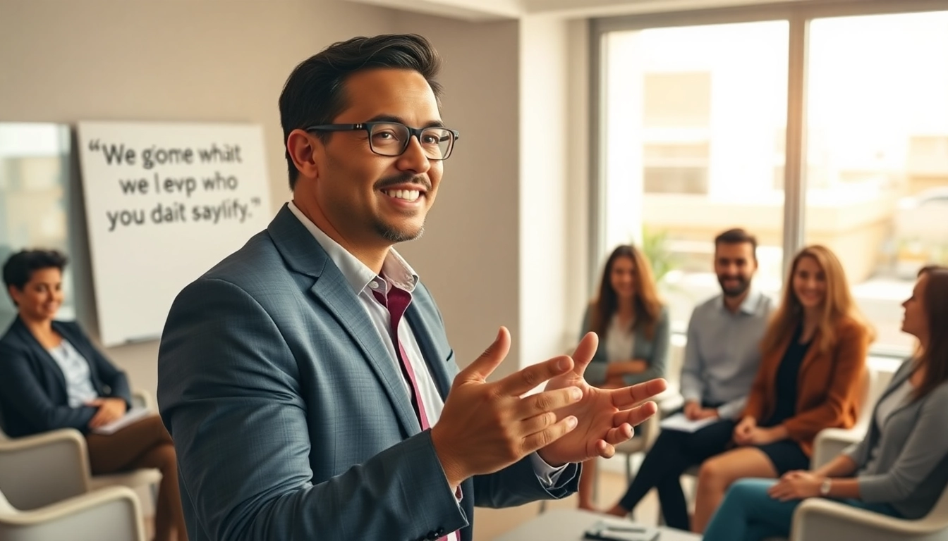 A business coach sacramento motivating clients in a bright modern office environment.