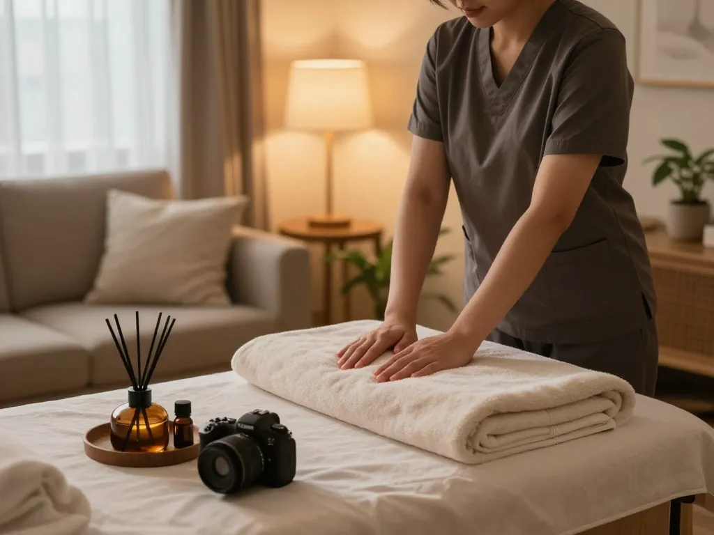 Serene 서울출장마사지 being performed in a cozy home setting, highlighting relaxation and wellness.
