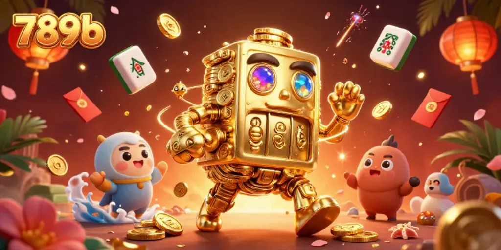 Engage with the 789b gaming experience as the golden golem interacts with vibrant casino elements in a dynamic scene.