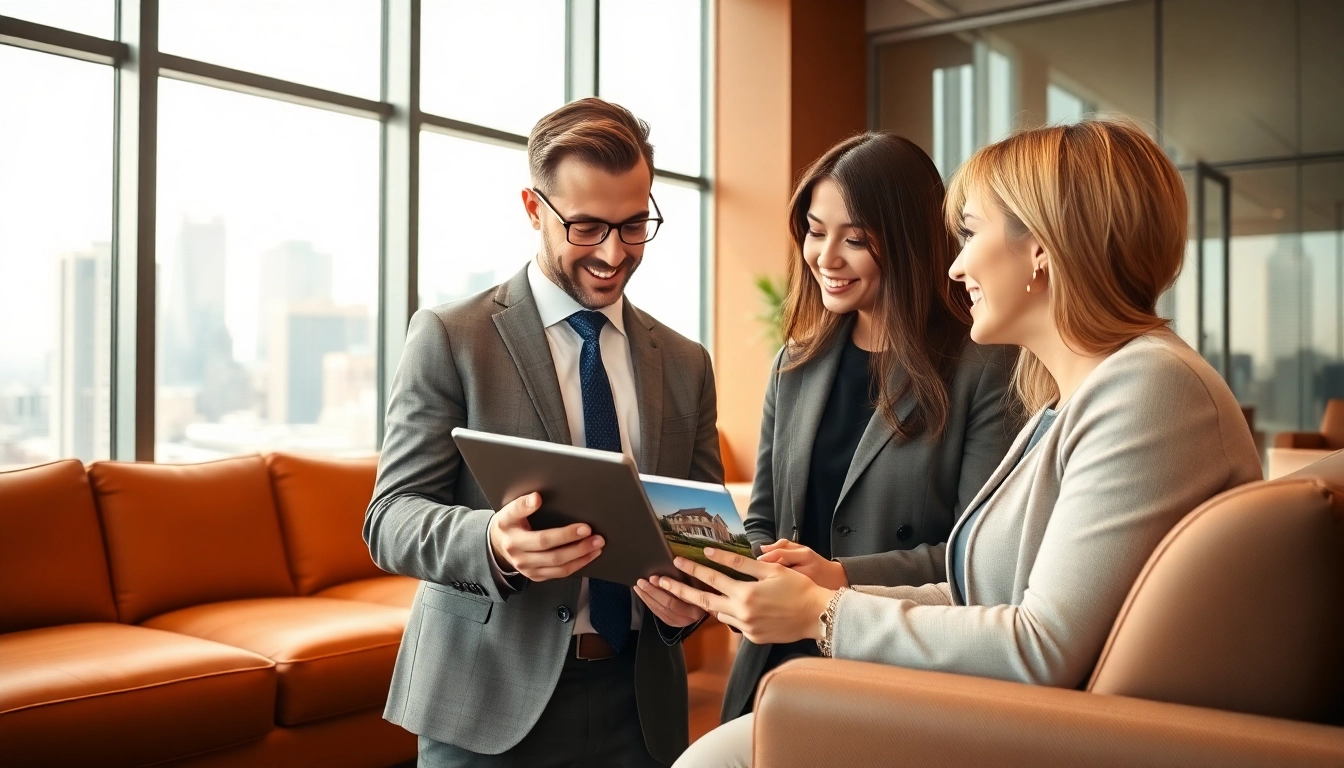 Engaging real estate agent showcasing properties on a digital tablet in a professional office.