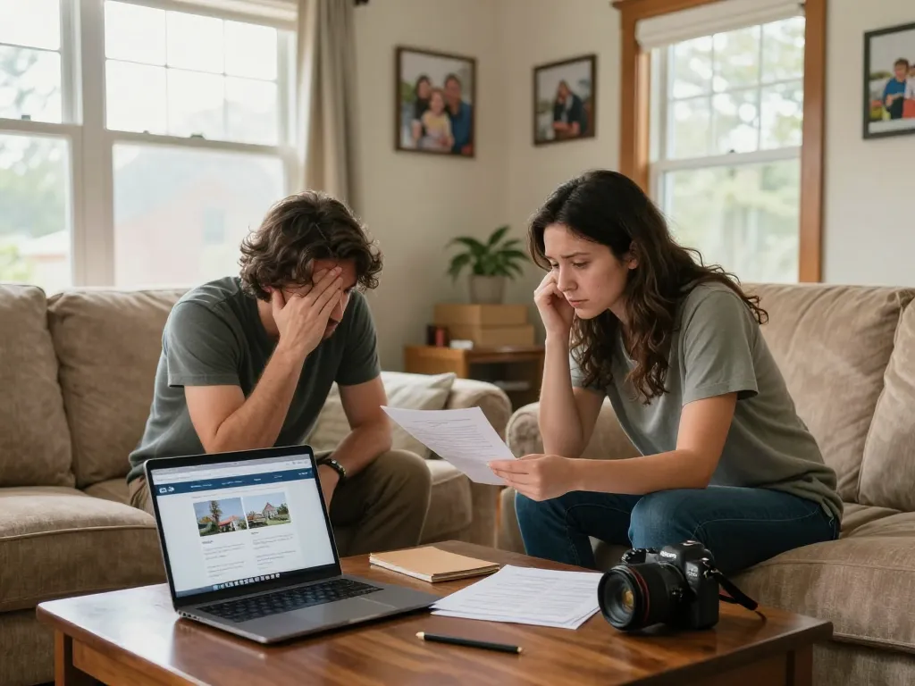 Homeowner contemplating options to sell house without repairs in a cozy living room.