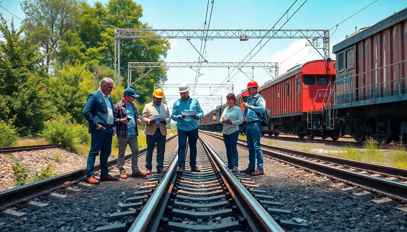 Team engaging in railroad engineering inspections with blueprints and trains in the background.