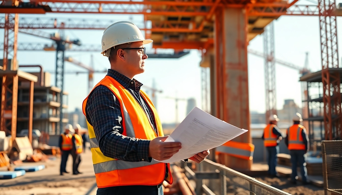 Manhattan Construction Manager coordinating a bustling construction site for efficient project execution.