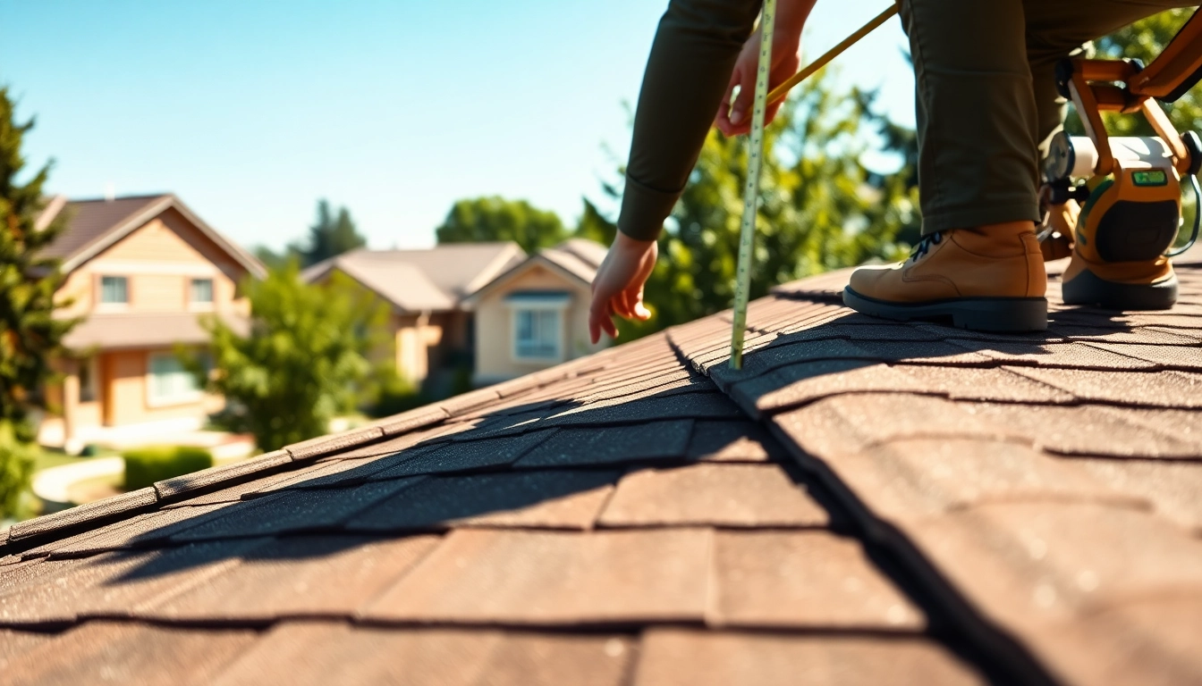 Roofer performing a detailed inspection for roof repair in a sunny neighborhood.