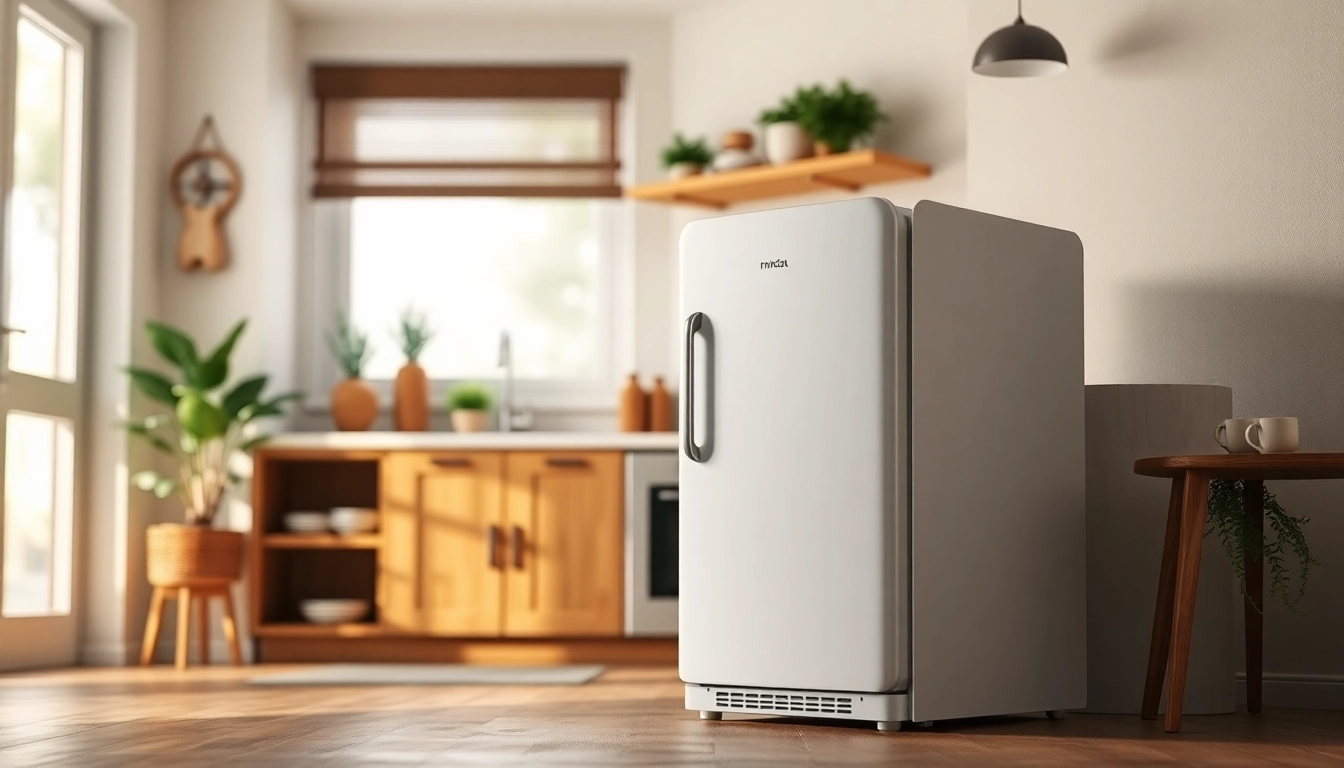 Showcase an affordable mini fridge and freezer in a bright kitchen emphasizing modern design.