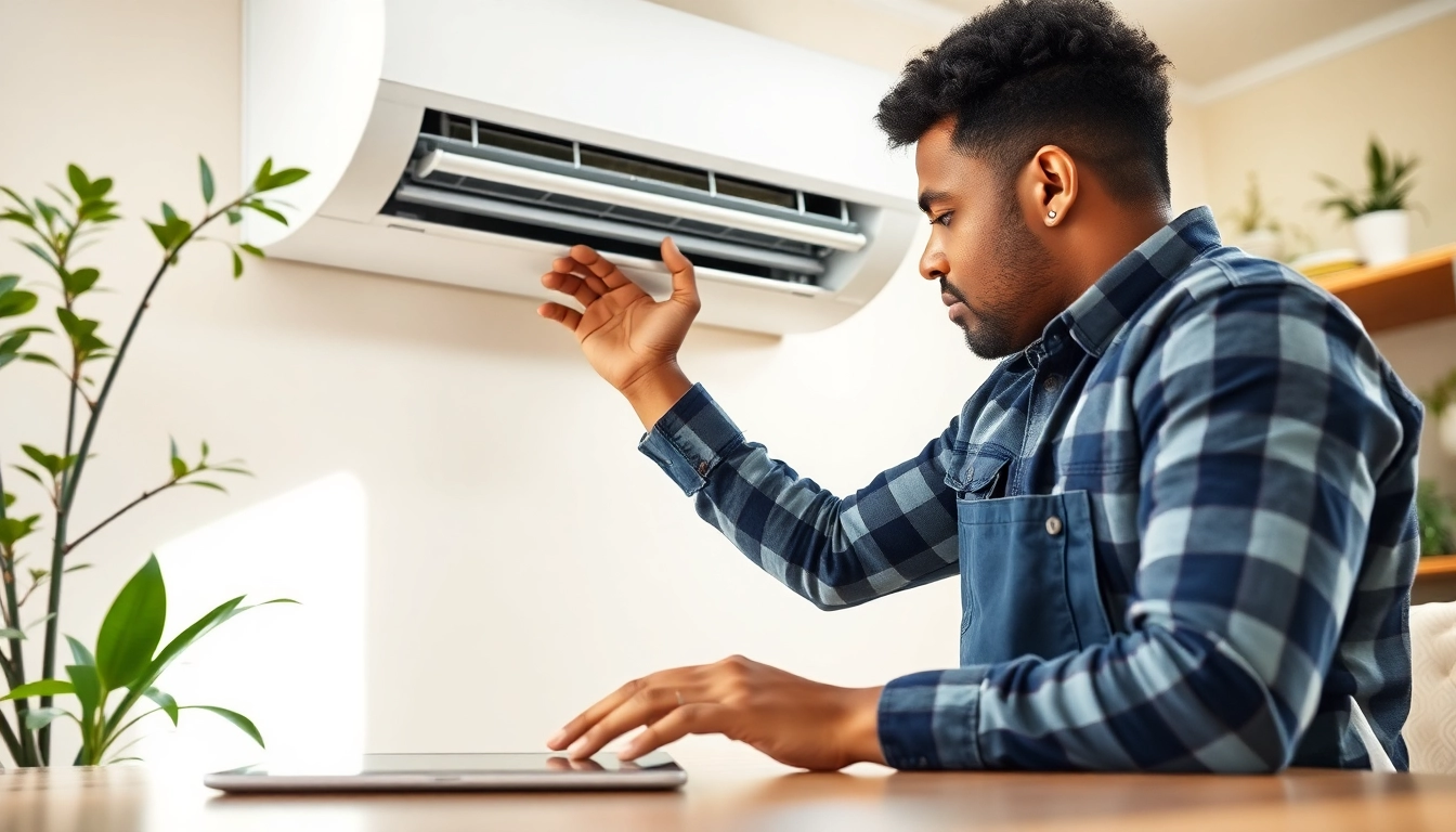 Technician conducting air conditioning repair Canada in a bright home setting.