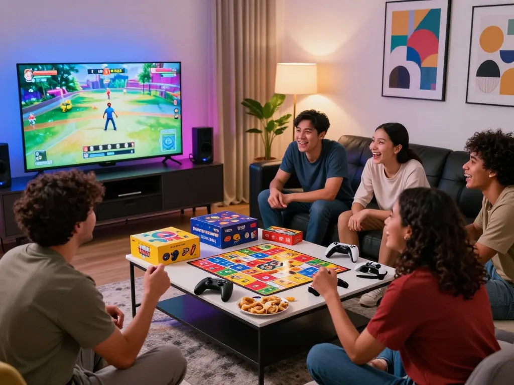 Friends enjoying a game night with sc881.COM featured prominently on the screen in a lively living room.