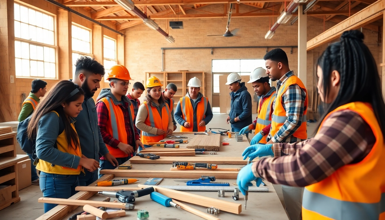 Engaged learners in a construction apprenticeship program showcasing teamwork and skill development.