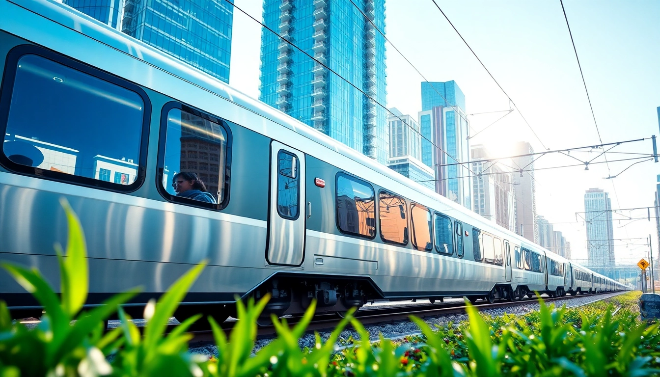 Exciting rail systems in action with a modern train traversing a vibrant urban landscape.