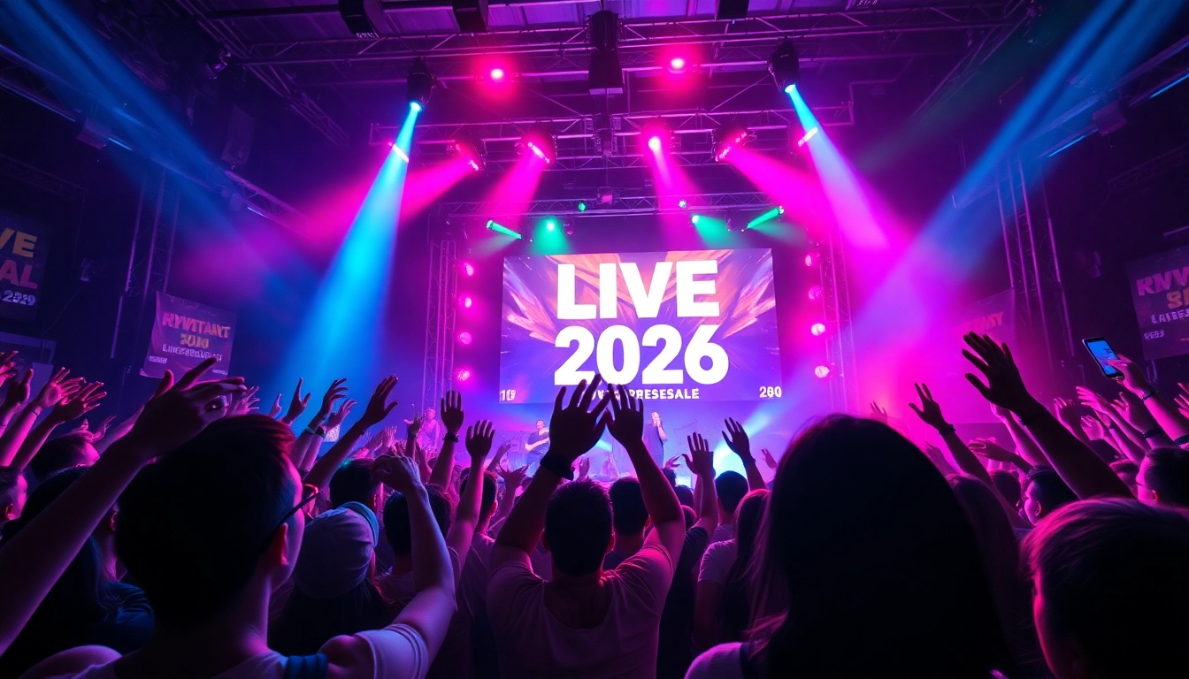 Live presale 2026 concert scene with cheering crowd and vibrant stage lights