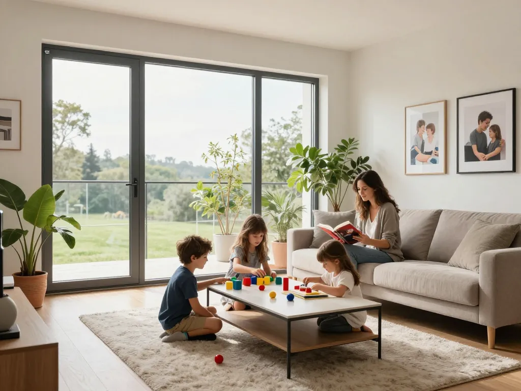 Helles Wohnzimmer mit fenster schüco Fenstern, Familie genießt gemeinsam Zeit von hoher Qualität.