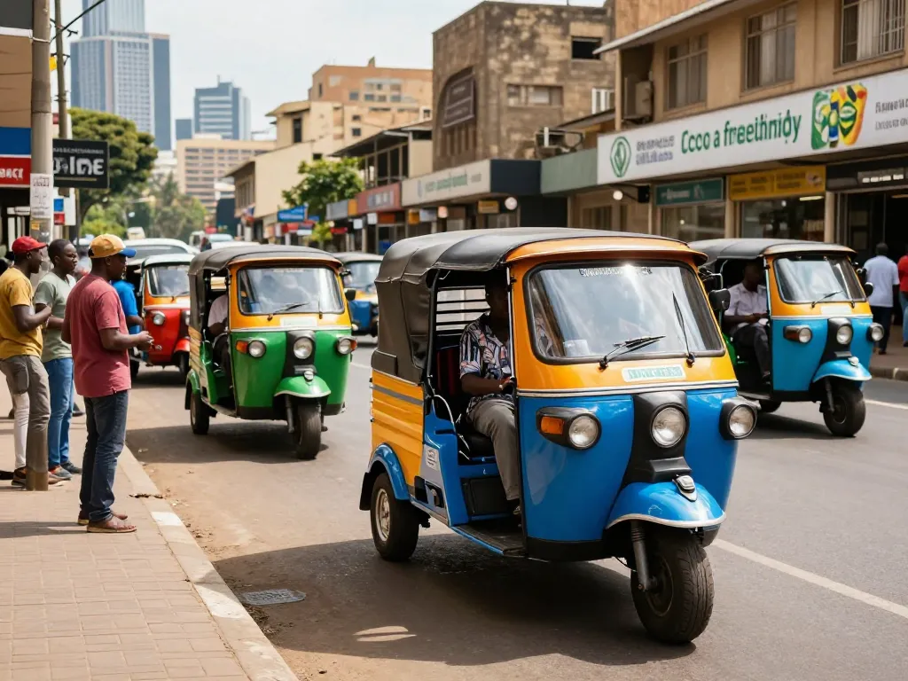 Electric tuk tuk innovation in Kenya, showcasing vibrant urban transport scene with diverse drivers and eco-friendly vehicles.