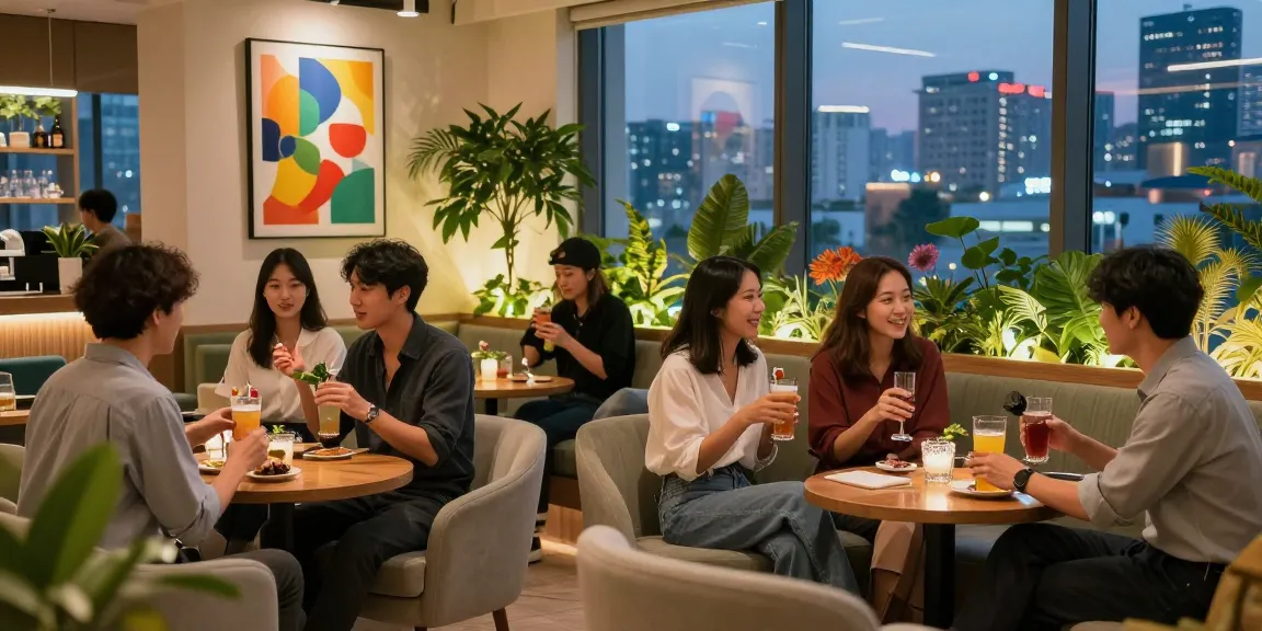 강남쩜오 멀리건에서 친구들과 편안하게 대화하며 음료를 즐기는 모습