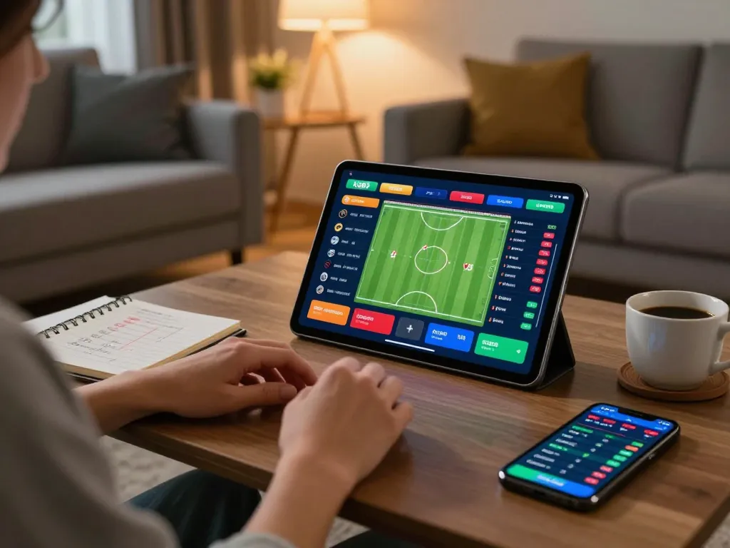 KQBD user engaging in online betting with a tablet, showcasing live football scores and cozy home setup.