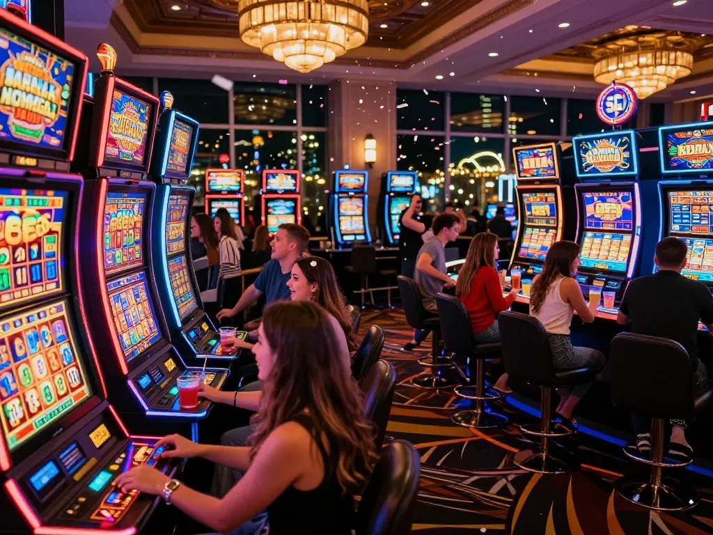 Suasana menarik para pemain menikmati mesin slot link di kasino yang meriah.