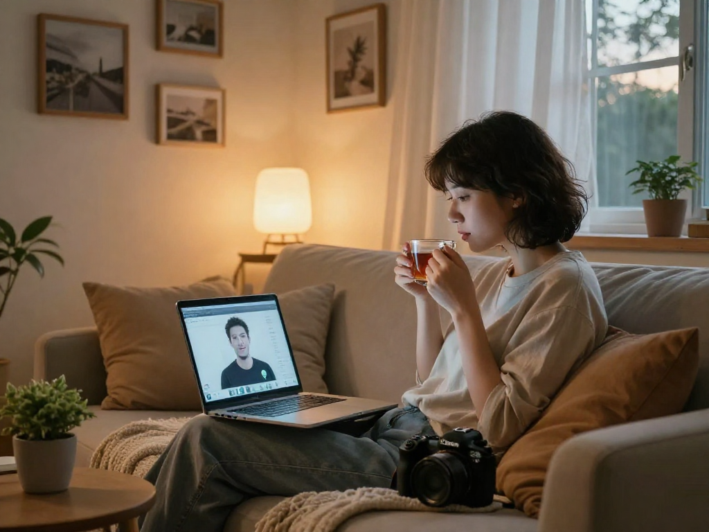 Engaging with a girlfriend AI on a laptop in a cozy home setting, highlighting modern companionship.