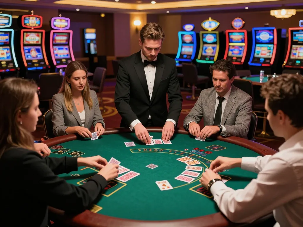 Experience the excitement of keonhacai 5 with players engaging in blackjack, vibrant casino atmosphere
