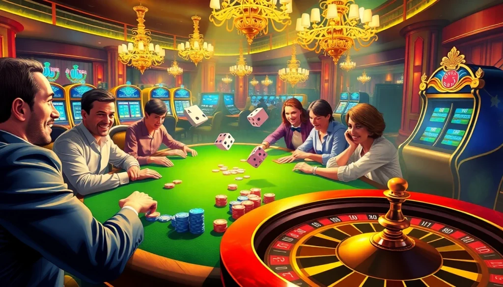 Experience the thrills of gambling with Okfun at a vibrant casino table and colorful poker chips.