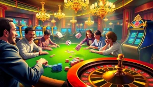 Experience the thrills of gambling with Okfun at a vibrant casino table and colorful poker chips.