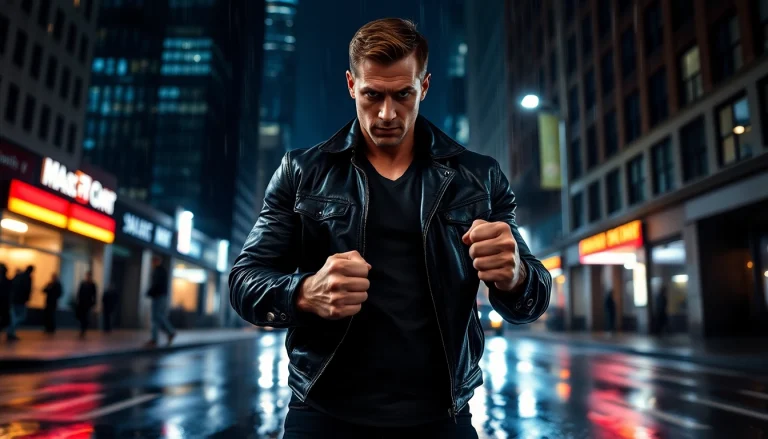 Hero standing proudly in a rain-soaked street, capturing the essence of Like Jack Reacher.