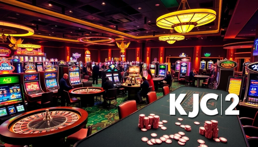 KJC AC 2 showcases an exciting casino atmosphere filled with roulette wheels, slot machines, and vibrant poker tables.