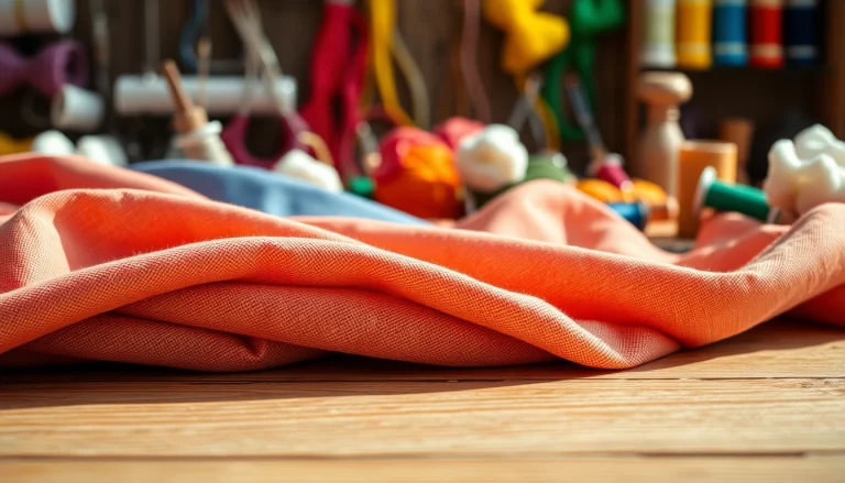 Katoen geweven stof in diverse kleuren op een houten tafel met een warme sfeer.