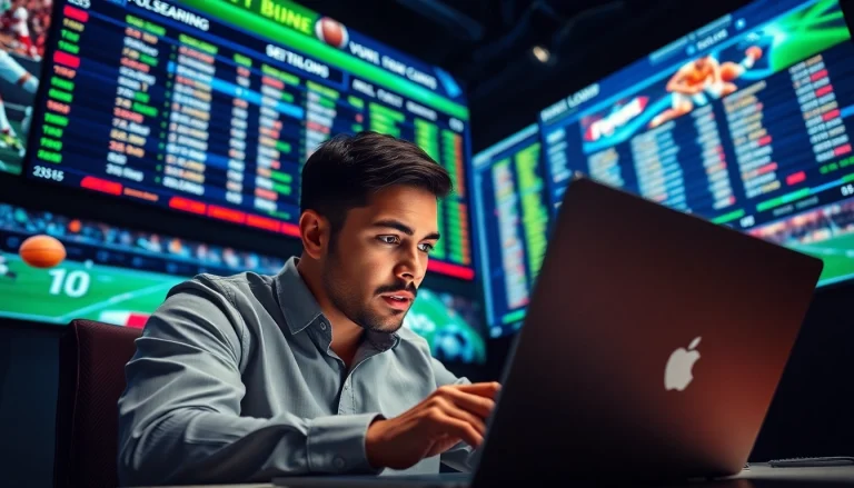 Engaged bettor analyzing the best sports betting sites Brazil in a vibrant online environment.