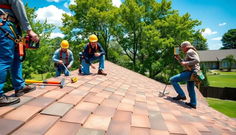 Showcasing Professional roofing services team inspecting a residential roof with tools.