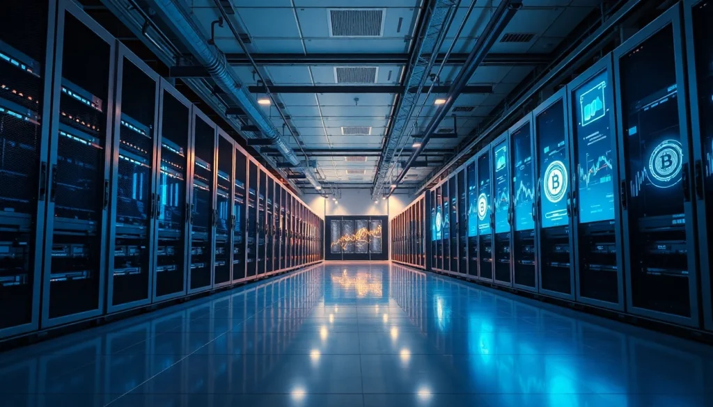 Professional data center showcasing top cloud mining technology with high-tech servers and digital displays.
