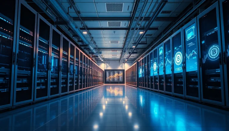 Professional data center showcasing top cloud mining technology with high-tech servers and digital displays.