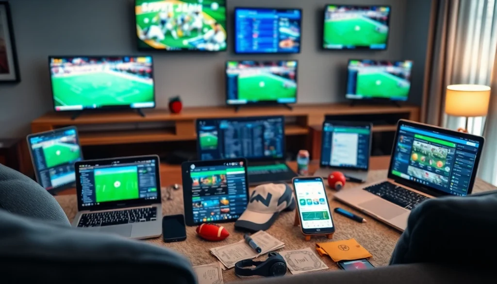 Betting enthusiast engaging with online sportsbooks India on multiple devices in a modern setting.