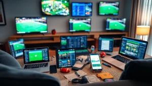 Betting enthusiast engaging with online sportsbooks India on multiple devices in a modern setting.