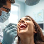 Dentist performing an oral examination with modern tools in a bright office.