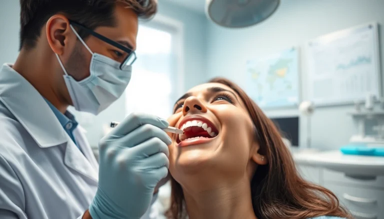 Dentist performing an oral examination with modern tools in a bright office.
