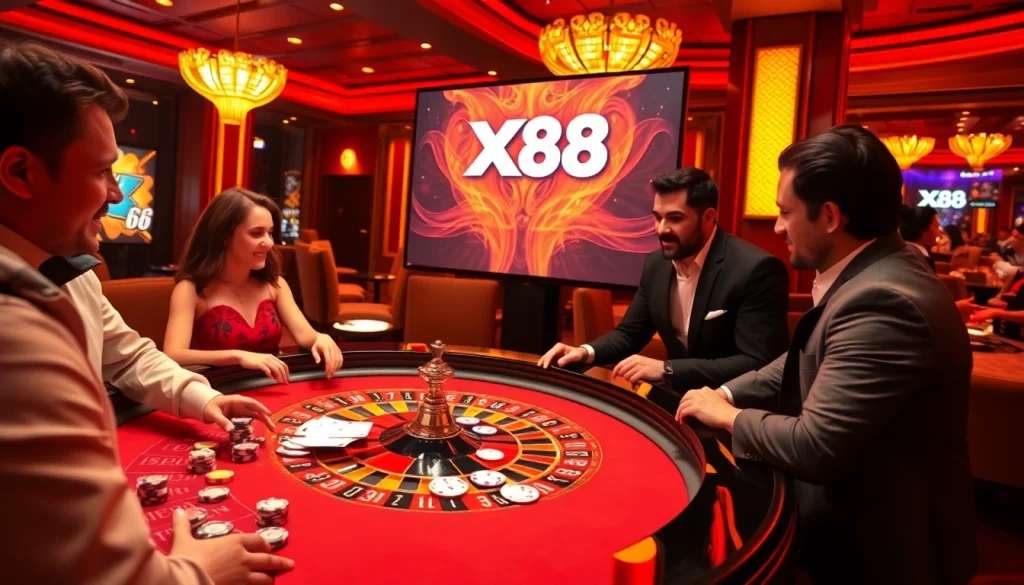 Experience excitement at XX88 Casino with poker chips, cards, and a roulette table in action.
