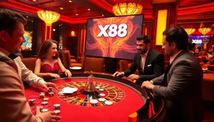 Experience excitement at XX88 Casino with poker chips, cards, and a roulette table in action.
