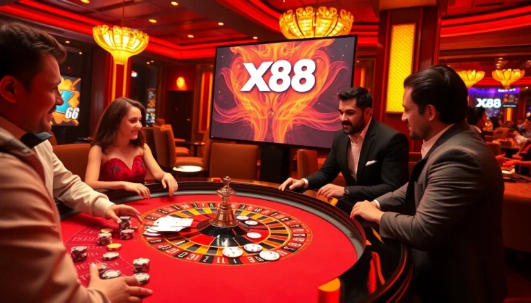 Experience excitement at XX88 Casino with poker chips, cards, and a roulette table in action.